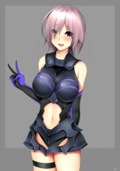 Rule 34 | 1girl, :d, breasts, elbow gloves, fate/grand order, fate (series), gloves, grey background, highres, large breasts, looking at viewer, mash kyrielight, md5 mismatch, navel, open mouth, purple eyes, short hair, silver hair, simple background, smile, solo, tony guisado, v