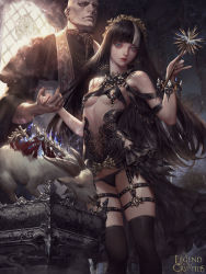 Rule 34 | 1girl, absurdres, bald, bare shoulders, black hair, black panties, black thighhighs, blunt bangs, bone, bracelet, breasts, breasts apart, copyright name, death, dospi, goat, highres, holding hands, jewelry, lace, lace-trimmed panties, lace trim, legend of the cryptids, lips, long hair, looking at viewer, magic, multicolored hair, official art, panties, priest, revealing clothes, small breasts, solo, spine, thigh gap, thighhighs, two-tone hair, underboob, underwear, wand, white hair, window