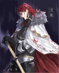 Rule 34 | armor, blood, blood on clothes, blood on face, cape, fate/grand order, fate (series), fur-trimmed cape, fur trim, hand on hilt, hand on own face, long hair, red hair, tristan (fate), white cape, yellow eyes, yepnean