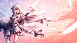 Rule 34 | 1girl, arm up, bird, buttons, cloud, coat, coat lift, collar, collared jacket, cowboy shot, feathers, girls&#039; frontline, gloves, hair between eyes, hair ornament, hair ribbon, hairclip, highres, iws 2000 (girls&#039; frontline), jacket, light smile, long hair, medal, military, military uniform, open clothes, open coat, red eyes, ribbon, ribbon-trimmed clothes, ribbon trim, silver hair, skirt, sky, sleeve cuffs, solo, strap, striped, tassel, thighs, uniform, white coat, white skirt, wind, wind lift, yp7 (vvy)