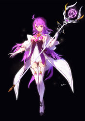 Rule 34 | 1girl, absurdres, aether sage (elsword), ahoge, aisha landar, bare shoulders, black background, dress, elsword, full body, gloves, hair between eyes, highres, holding, long hair, long sleeves, looking at viewer, open mouth, purple eyes, purple hair, sidelocks, signature, simple background, solo, swd3e2, thighhighs, white gloves