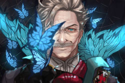 Rule 34 | 1boy, black background, blue eyes, bug, butterfly, facial hair, fate/grand order, fate (series), grey hair, insect, james moriarty (archer) (fate), kdm (ke dama), male focus, mustache, portrait, silk, solo, spider web