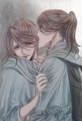 Rule 34 | 2girls, bloodborne, blush, brown hair, commentary request, ear licking, green eyes, highres, iosefka, itsuki (itsukiovo), licking, multiple girls, open mouth, parted lips, selfcest, short ponytail, sweatdrop, teeth, tongue, tongue out, yuri