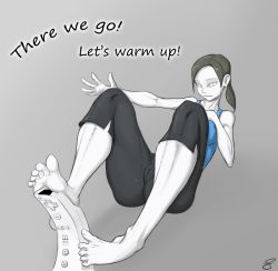 Rule 34 | 1girl, artist request, barefoot, cameltoe, colored skin, controller, feet, game console, game controller, nintendo, playing games, sexually suggestive, short hair, sitting, solo, super smash bros., white eyes, white skin, wii, wii fit, wii fit trainer, wii fit trainer (female), wii remote