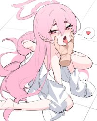Rule 34 | 1girl, absurdres, blue archive, disembodied hand, drooling, hair between eyes, hand on another&#039;s cheek, hand on another&#039;s face, heart, highres, honi (honi1010), koyuki (blue archive), long hair, pink eyes, pink hair, saliva, simple background, sitting, sketch, spoken heart, symbol-shaped pupils, tongue, tongue out, wariza, white background