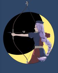 Rule 34 | 1girl, aiming, alternate eye color, arrow (projectile), blue background, bow (weapon), braid, crescent moon, drawing bow, dress, expressionless, from side, grey hair, hat, holding, holding bow (weapon), holding weapon, ichiroku (sakumogu-029), long hair, moon, multicolored clothes, multicolored dress, nurse cap, pink eyes, round image, scrunchie, simple background, single braid, solo, touhou, very long hair, weapon, yagokoro eirin