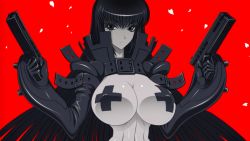 Rule 34 | 1girl, akiranime, animated, animated gif, black hair, breasts, gun, holding, holding gun, holding weapon, large breasts, long hair, pasties, petals, red background, solo, tape, tape on nipples, weapon