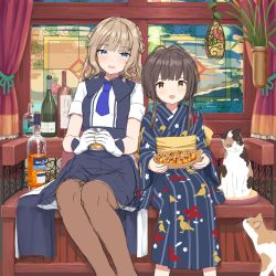 Rule 34 | 2girls, alcohol, blonde hair, blue eyes, blue necktie, bottle, brown hair, brown thighhighs, cat, creator connection, curtains, food, gloves, hayashi naoharu, highres, japanese clothes, kantai collection, kimono, long hair, multiple girls, necktie, short hair, thighhighs, white gloves, window, wine, yellow eyes