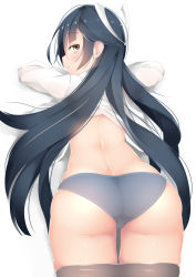 Rule 34 | 1girl, ass, back, blue hair, blush, clothes pull, come hither, hayashimo (kancolle), kantai collection, long hair, lying, ne an ito, on stomach, panties, pants, pants pull, shirt, smile, solo, underwear, white background, white shirt, yellow eyes