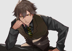 Rule 34 | 1boy, ahoge, alternate costume, belt, black necktie, black pants, black shirt, brown hair, business suit, collared shirt, dark-skinned male, dark skin, eyebrows, fate/grand order, fate/prototype, fate/prototype: fragments of blue and silver, fate (series), formal, grey background, highres, long sleeves, looking at viewer, male focus, necktie, neckwear request, ozymandias (fate), pants, shirt, signature, simple background, sitting, smirk, solo, suit, tarao (13raven), yellow eyes