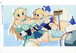 Rule 34 | 10s, absurdres, arm support, arm up, blonde hair, blush, breasts, bucket, checkered background, choker, cleavage, garter straps, green eyes, hair ornament, hairclip, highres, huge filesize, katsuragi (senran kagura), large breasts, looking at viewer, maid headdress, mop, navel, non-web source, one eye closed, open mouth, panties, senran kagura, senran kagura peach beach splash, shiny skin, simple background, sitting, skirt, strapless, thighhighs, tongue, tongue out, underwear, wet, wet clothes, white legwear, white panties, yaegashi nan, yomi (senran kagura)