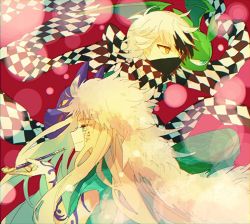2boys, blonde hair, character request, checkered, checkered scarf, from side, fur hat, green eyes, green shirt, half-closed eyes, hat, hibi89, holding, holding pipe, kiseru, long hair, male focus, mask, merc storia, multiple boys, pipe, scarf, shirt, smile, white hair, yellow eyes