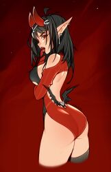 Rule 34 | 1girl, ahoge, ass, bare shoulders, black hair, black leotard, black thighhighs, breasts, cropped legs, dress, earrings, from side, heart, highres, horns, jewelry, large breasts, leotard, long hair, original, oxcoxa, pointy ears, red background, red dress, red eyes, red horns, single thighhigh, solo, thighhighs