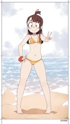 Rule 34 | absurdres, bad id, bad pixiv id, beach, bikini, border, bracelet, brown hair, closed mouth, cloud, cloudy sky, full body, hair bun, hand on own hip, highres, jewelry, kagari atsuko, little witch academia, looking at viewer, once 11h, outdoors, red eyes, single hair bun, sky, smile, solo, standing, swimsuit, v, white border, yellow bikini