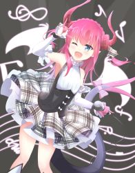 Rule 34 | 10s, 1girl, ;d, \m/, blue eyes, claws, detached sleeves, dress, elizabeth bathory (fate), elizabeth bathory (fate/extra ccc), elizabeth bathory (second ascension) (fate), fate/extra, fate/extra ccc, fate (series), horns, long hair, microphone, moninora (moninora83), one eye closed, open mouth, pink hair, pointy ears, rojiura satsuki : chapter heroine sanctuary, smile, solo, tail, two side up