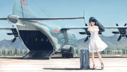Rule 34 | 1girl, aircraft, airplane, arm behind back, bare shoulders, black hair, blue sky, closed eyes, day, dress, hallelujah zeng, hand in own hair, highres, long hair, military, military vehicle, mountain, original, outdoors, people&#039;s liberation army, people&#039;s liberation army air force, rolling suitcase, sandals, shaanxi y-9, sky, smile, solo, suitcase, sundress, vehicle focus, white dress, wind