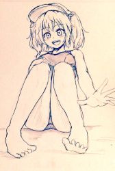 Rule 34 | 1girl, bare legs, barefoot, breasts, commentary request, covered navel, d-m (dii emu), eyelashes, flat chest, greyscale, kawashiro nitori, looking at viewer, monochrome, one-piece swimsuit, open mouth, outstretched arm, short hair, sitting, small breasts, swimsuit, touhou, traditional media, two side up