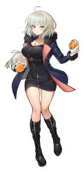 Rule 34 | 2girls, absurdres, artoria pendragon (all), artoria pendragon (fate), black dress, black footwear, blue coat, blush, boots, breasts, burger, chibi, coat, dress, eating, fate/grand order, fate/stay night, fate (series), food, full body, fur-trimmed coat, fur trim, highres, jeanne d&#039;arc (fate), jeanne d&#039;arc alter (fate), jeanne d&#039;arc alter (ver. shinjuku 1999) (fate), knee boots, laon, large breasts, long hair, long sleeves, looking at viewer, multiple girls, official alternate costume, open clothes, open coat, saber alter, saber alter (ver. shinjuku 1999) (fate), short dress, short hair, silver hair, simple background, white background, wicked dragon witch ver. shinjuku 1999, yellow eyes