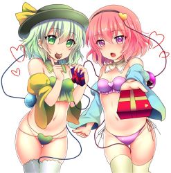 Rule 34 | 2girls, :o, bare shoulders, black hairband, black headwear, blue sleeves, blush, bow, breasts, candy, chocolate, chocolate heart, cleavage, collar, collarbone, commentary request, detached collar, detached sleeves, eyeball, eyelashes, food, food in mouth, frilled collar, frills, gift, green eyes, green hair, hair ornament, hairband, hat, hat bow, hat ribbon, heart, heart hair ornament, heart of string, holding, holding gift, incoming gift, koishi day, komeiji koishi, komeiji satori, mouth hold, multiple girls, navel, open mouth, pink eyes, pink hair, revealing clothes, ribbon, rimu (kingyo origin), short hair, siblings, simple background, sisters, small breasts, smile, standing, stomach, string, thighhighs, thighs, third eye, touhou, white background, yellow bow, yellow ribbon, yellow sleeves