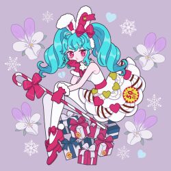 Rule 34 | 1girl, animal ears, ankle ribbon, blue hair, box, candy, candy cane, dress, fake animal ears, flower, food, frown, full body, gift, gift box, gloves, head rest, heart, highres, holding, holding candy, holding candy cane, holding food, leg ribbon, long hair, looking to the side, nyaasechan, orchid, original, pink eyes, pink ribbon, rabbit ears, red gloves, ribbon, sale, sidelocks, sitting, sleeveless, sleeveless dress, snowflakes, solo, tearing up, thighhighs, twintails, violet (flower), wavy hair, white dress, white thighhighs