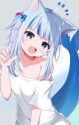 Rule 34 | 1girl, absurdres, animal ear fluff, animal ears, blue background, blue eyes, blue hair, cat ears, collarbone, cube hair ornament, fins, fish tail, gawr gura, grey background, grey hair, hair ornament, hand up, head tilt, highres, hololive, hololive english, long hair, looking at viewer, multicolored hair, nagomi yayado, notice lines, off-shoulder shirt, off shoulder, open mouth, shark tail, sharp teeth, shirt, short sleeves, side ponytail, solo, streaked hair, tail, teeth, v-shaped eyebrows, virtual youtuber, white shirt