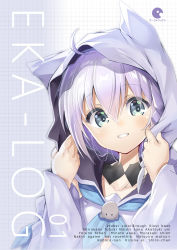 Rule 34 | 1girl, ahoge, animal hood, blue neckerchief, blush, character name, collarbone, commentary request, ekakibito, green eyes, hair between eyes, hands up, head tilt, highres, hololive, hood, hood up, long hair, looking at viewer, neckerchief, parted lips, purple hair, shirakami fubuki, shirakami fubuki (1st costume), solo, upper body, virtual youtuber