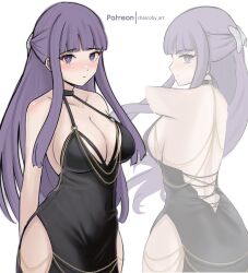 Rule 34 | 1girl, absurdres, artist name, ass, breasts, chascoby, cleavage, commentary, english commentary, fern (sousou no frieren), halterneck, highres, hip vent, large breasts, long hair, meme attire, modakawa dress, multiple views, purple eyes, purple hair, sousou no frieren, white background