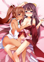 Rule 34 | 10s, 2girls, ass, blush, bottomless, grabbing another&#039;s breast, breasts, brown eyes, brown hair, convenient censoring, dress, full-face blush, grabbing, groin, heart, heart-shaped pupils, hug, japanese clothes, kamikaze (kancolle), kantai collection, kimono, l-trap, legs, libeccio (kancolle), long hair, lying, mouth hold, multiple girls, naked kimono, nipples, no bra, no panties, on back, on side, open clothes, open kimono, open mouth, short dress, side slit, small breasts, symbol-shaped pupils, twintails, white dress