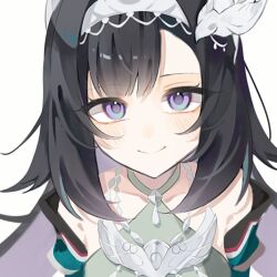 1girl bare_shoulders bird_hair_ornament black_hair blush detached_sleeves dress genshin_impact green_dress hair_ornament lan_yan_(genshin_impact) long_hair looking_at_viewer purple_eyes silver_necklace smile u_yu_24