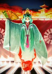 Rule 34 | 1girl, blue eyes, blurry, blurry background, character mask, closed mouth, commentary request, depth of field, eyebrows hidden by hair, facing viewer, folding fan, glowing, green hair, green kimono, hair between eyes, hair ornament, hand fan, hatsune miku, headpiece, headset, highres, holding, holding fan, japanese clothes, kimono, long hair, long sleeves, mask, night, night sky, outdoors, pagoda, print kimono, red kimono, sky, sleeves past fingers, sleeves past wrists, smile, socks, solo, stage, standing, tabi, twintails, v-shaped eyebrows, very long hair, vocaloid, white socks, wide sleeves, yoka1chi