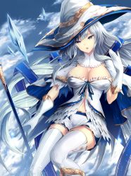 Rule 34 | 1girl, bad id, bad pixiv id, blue eyes, breasts, cape, cleavage, gloves, hat, large breasts, limeblock, long hair, open mouth, original, silver hair, solo, thighhighs, witch hat
