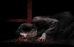 Rule 34 | 1boy, black background, black cloak, black hair, btt59, chinese commentary, cloak, collarbone, commentary request, covered face, cross, dark, licking blood, long hair, lord of the mysteries, mr. a, nail, nail polish, on floor, open mouth, solo, teeth, tongue