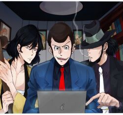 Rule 34 | 3boys, arsene lupin iii, beard, black hair, blue shirt, brown hair, cigarette, commentary request, covered eyes, facial hair, formal, hat, highres, holding, holding sword, holding weapon, indoors, ishikawa goemon xiii, jigen daisuke, lupin iii, male focus, multiple boys, necktie, painting (object), pointing, red necktie, shirt, shonan, short hair, sideburns, smile, smoke, smoking, suit, sword, tablet pc, weapon