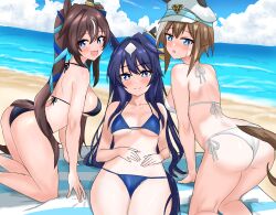 Rule 34 | 3girls, :3, animal ears, ass, beach towel, bikini, black bikini, blue bikini, blue eyes, blue headwear, blue sky, blush, breasts, cheval grand (umamusume), cleavage, cloud, cloudy sky, commentary request, ear covers, ear ornament, ears through headwear, hair between eyes, hat, highres, horse ears, horse girl, horse tail, looking at viewer, medium breasts, multicolored hair, multiple girls, ocean, on ground, open mouth, outdoors, peaked cap, sand, side-tie bikini bottom, single ear cover, sky, smile, streaked hair, sweat, swimsuit, tail, towel, tsumu618, twintails, umamusume, verxina (umamusume), vivlos (umamusume), water, white bikini, white hair, white headwear