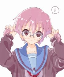 Rule 34 | 1girl, ?, artist name, blue sailor collar, brown cardigan, brown eyes, bunching hair, cardigan, closed mouth, commentary, english commentary, expressionless, glasses, hair between eyes, hair pulled back, highres, holding, holding own hair, kita high school uniform, long sleeves, looking at viewer, nagato yuki, nanabuluku, open cardigan, open clothes, purple hair, red ribbon, ribbon, sailor collar, school uniform, serafuku, short hair, simple background, solo, suzumiya haruhi no yuuutsu, twintails day, twitter username, upper body, watermark, white background