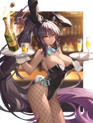 Rule 34 | 1girl, absurdres, animal ears, bare shoulders, black hair, black leotard, blue archive, blue bow, blue bowtie, blurry, blurry background, blush, border, bow, bowtie, breasts, champagne bottle, champagne flute, cleavage, cup, dark-skinned female, dark skin, detached collar, drinking glass, fake animal ears, fake tail, fishnet legwear, fishnets, gradient hair, hair between eyes, halo, highres, holding, holding tray, karin (blue archive), karin (bunny) (blue archive), large breasts, leotard, long hair, looking at viewer, multicolored hair, parted lips, playboy bunny, ponytail, ppeach, purple hair, rabbit ears, rabbit tail, sidelocks, solo, strapless, strapless leotard, sweatdrop, tail, tray, very long hair, white border, wrist cuffs, yellow eyes
