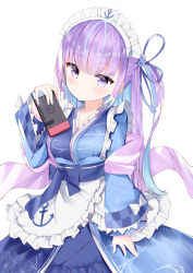 Rule 34 | 1girl, absurdres, anchor symbol, apron, bad id, bad pixiv id, blue hair, blue kimono, blush, breasts, closed mouth, colored inner hair, commentary request, frilled apron, frills, fuyuki030, hair bobbles, hair ornament, highres, holding, hololive, japanese clothes, kimono, long hair, long sleeves, looking at viewer, medium breasts, minato aqua, minato aqua (new year), multicolored hair, nintendo switch, obi, one side up, purple eyes, purple hair, sash, simple background, sleeves past wrists, solo, two-tone hair, very long hair, virtual youtuber, white apron, white background, wide sleeves
