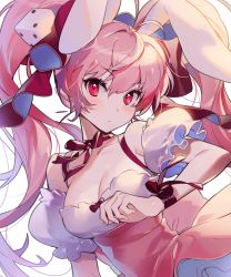 Rule 34 | 1girl, animal ears, bare shoulders, blush, bow, breasts, cleavage, closed mouth, di gi charat, dice, eyebrows, hair between eyes, highres, long hair, looking at viewer, medium breasts, pink hair, rabbit ears, red bow, red eyes, seoji, solo, twintails, usada hikaru, very long hair, wrist bow