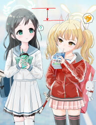 Rule 34 | 2girls, ahoge, airi (blue archive), black hair, black thighhighs, blonde hair, blue archive, brown eyes, commentary request, drinking, food-themed hair ornament, green eyes, green halo, hair ornament, hair ribbon, halo, height difference, height envy, highres, ice cream hair ornament, jacket, long hair, long sleeves, milk carton, multiple girls, pink skirt, plaid, plaid skirt, pleated skirt, red jacket, ribbon, satsukimika, school uniform, serafuku, skirt, thighhighs, twintails, white serafuku, white thighhighs, yellow halo, yoshimi (blue archive)