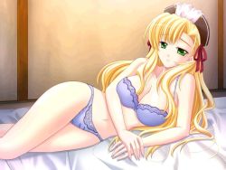 Rule 34 | 1girl, arm support, bed, blonde hair, blue panties, bra, breasts, cleavage, game cg, green eyes, hat, kishi nisen, lace, lace bra, lace panties, large breasts, lingerie, long hair, lying, maid headdress, non-web source, on side, ore to kanojo wa shujuu na kankei, panties, purple bra, purple panties, ribbon, solo, tobato marina, underwear, underwear only, very long hair