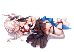Rule 34 | 1girl, ball gag, bdsm, blue eyes, blush, bondage, bound, breasts, crotch rope, dress, full body, gag, hair between eyes, hair ornament, hair over shoulder, hogtie, honkai (series), honkai impact 3rd, long hair, looking at viewer, no shoes, restrained, side ponytail, sidelocks, silver hair, simple background, small breasts, solo, theresa apocalypse, theresa apocalypse (twilight paladin), thighhighs, white background, white thighhighs, wiffle gag, yiduan zhu