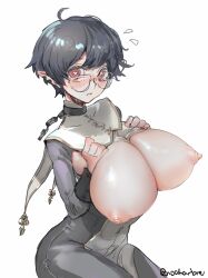 Rule 34 | 1girl, absurdres, black hair, breasts, chain, collar, glasses, heart, heart-shaped pupils, highres, huge breasts, nipples, noah (tettsui-sole), open mouth, original, pointy ears, red eyes, short hair, solo, symbol-shaped pupils, thighs, twitter username
