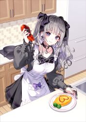 1girl black_choker black_skirt bow character_request choker cover cover_image cover_page food grey_hair hair_ribbon heart_o-ring highres jewelry jirai_kei ketchup_bottle kitchen long_hair looking_at_viewer menhera_ga_aisai_apron_ni_kigaetara multiple_rings nardack novel_cover o-ring official_art omelet omurice ribbon ring second-party_source skirt solo twintails wrist_ribbon