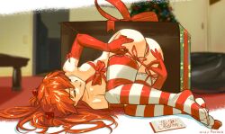 Rule 34 | 1girl, artist name, aseiusx, ass, christmas, christmas present, christmas tree, come hither, commentary, dated, english commentary, gift, gloves, interface headset, naked ribbon, naughty face, neon genesis evangelion, orange hair, red gloves, red ribbon, ribbon, ribbon-trimmed thighhighs, ribbon trim, solo, souryuu asuka langley, striped clothes, striped thighhighs, thighhighs, tongue, tongue out