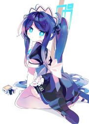 Rule 34 | &lt;key&gt; (robot) (blue archive), 1girl, absurdres, ahoge, apron, aris (blue archive), aris (maid) (blue archive), arm support, back bow, between legs, black dress, black footwear, blue archive, blue eyes, blue halo, blush, borrowed clothes, bow, closed mouth, commentary, dot nose, dress, frilled apron, frilled dress, frills, from behind, full body, halo, hand between legs, highres, leaning forward, long hair, looking at viewer, looking back, maid, maid apron, maid headdress, meto (metrin), ponytail, puffy short sleeves, puffy sleeves, purple hair, shoes, short sleeves, sidelocks, simple background, sitting, solo, swept bangs, symbol-only commentary, very long hair, wariza, water drop, wet, white apron, white background, white bow
