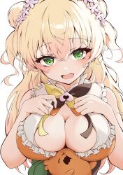 Rule 34 | 1girl, absurdres, bell, blonde hair, blush, bow, bowtie, breasts, cleavage, cleavage cutout, clothing cutout, commentary request, double bun, fang, flower, frilled shirt, frills, green eyes, hair bun, hair flower, hair ornament, highres, hololive, iikiroro, jingle bell, large breasts, long hair, looking at viewer, momosuzu nene, momosuzu nene (1st costume), multicolored bow, neck bell, nekko (momosuzu nene), open mouth, orange shirt, peach ornament, shirt, simple background, skin fang, sleeveless, sleeveless shirt, upper body, virtual youtuber, white background