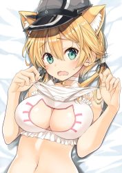 Rule 34 | 10s, 1girl, anchor hair ornament, animal ears, aqua eyes, bed sheet, bell, blonde hair, blush, bra, breasts, cat ears, cat lingerie, cleavage cutout, clothing cutout, collar, collarbone, fang, hair ornament, hat, holding, holding clothes, holding panties, holding underwear, inuzumi masaki, kantai collection, large breasts, lying, meme attire, navel, neck bell, on back, on bed, open mouth, panties, unworn panties, peaked cap, prinz eugen (kancolle), solo, underwear, upper body, wavy mouth, white bra