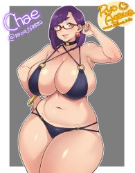 Rule 34 | 1girl, agawa ryou, artist name, asymmetrical bangs, belly, bikini, blush, borrowed character, bracelet, breasts, cleavage, collar, cowboy shot, curvy, earrings, hand on own hip, huge breasts, jewelry, looking at viewer, medium hair, navel, o-ring, o-ring bikini, outline, outside border, parted lips, plump, purple hair, short hair, simple background, smile, solo, standing, swimsuit, thick eyebrows, thick thighs, thighs, twitter username, white outline, wide hips, yellow eyes