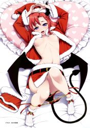Rule 34 | 1girl, absurdres, blue eyes, breasts, breasts out, christmas, clothes lift, full body, highres, horns, looking at viewer, lying, medium breasts, nipples, no bra, on back, open clothes, open mouth, open shirt, panties, panty pull, sasaki tamaru, skirt, skirt lift, smile, solo, tail, underwear, wings