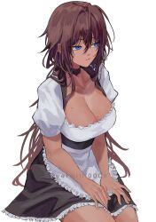 Rule 34 | 1girl, apron, black choker, black dress, blue eyes, breasts, brown hair, choker, cleavage, closed mouth, commentary, dress, english commentary, frilled apron, frilled dress, frills, highres, large breasts, maid, maid apron, original, puffy sleeves, shinoda giri, short sleeves, solo, twitter username, waist apron, white apron